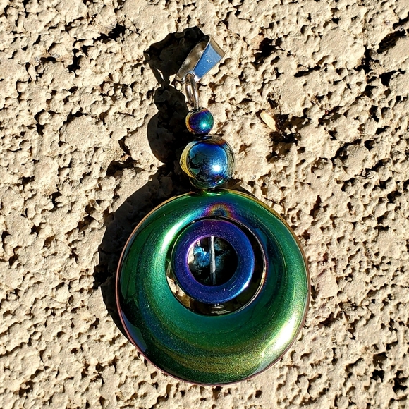 New Rainbow Hematite Round Pendant. - Picture 8 of 11